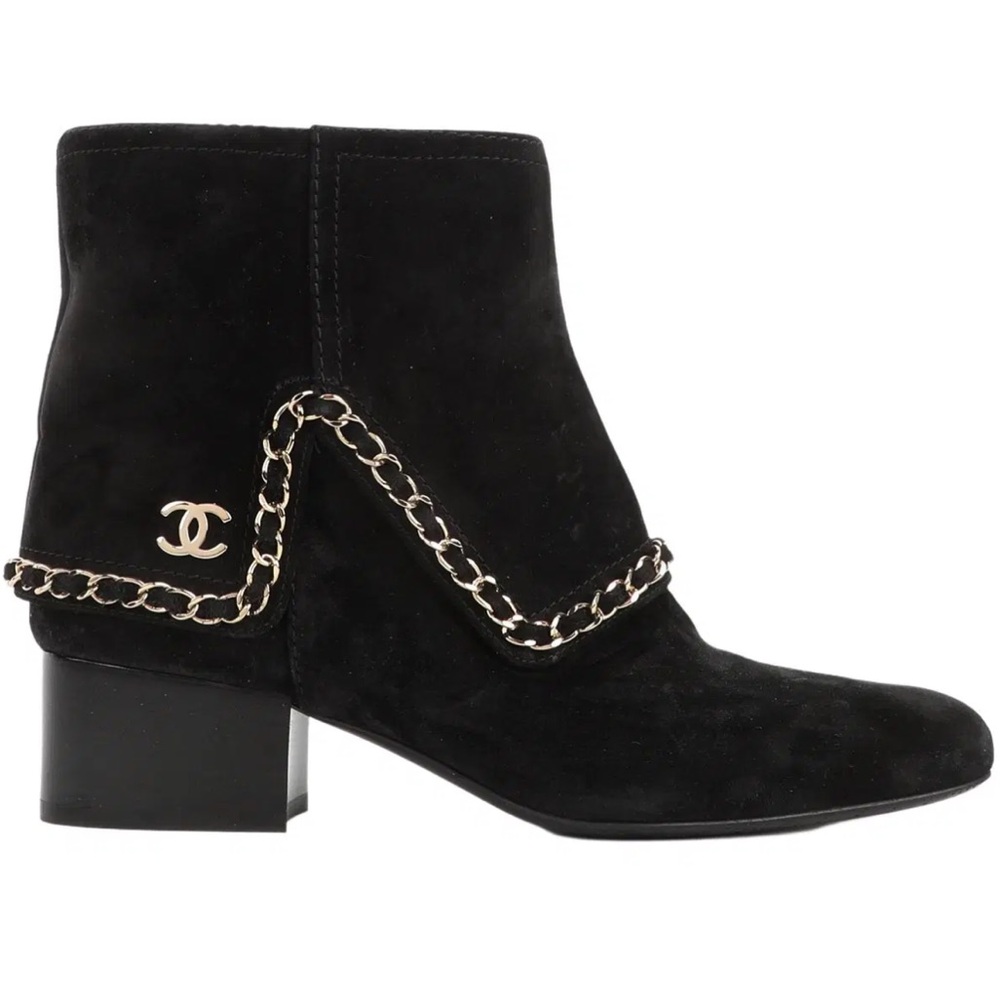 CHANEL Black Suede Boots with Gold Chain Accent